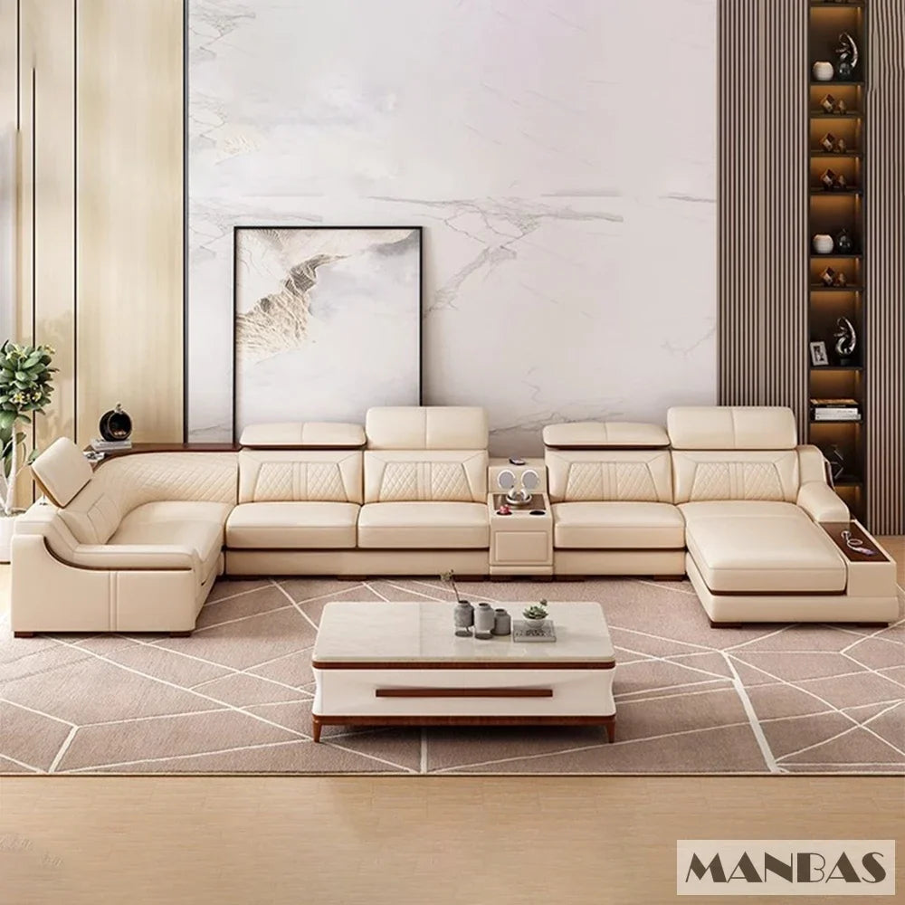 Alfour Modern Italian Leather Sofa for Living Room with Cup Holder, USB, Adjustable Headrests & Bluetooth Speaker - Linlamlim
