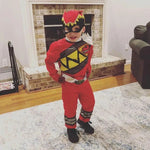 Red Dino Ranger Kids Costume – Dinosaur-Themed Muscle Jumpsuit, Superhero Cosplay Outfit for Halloween, Carnival & Dress-Up Parties