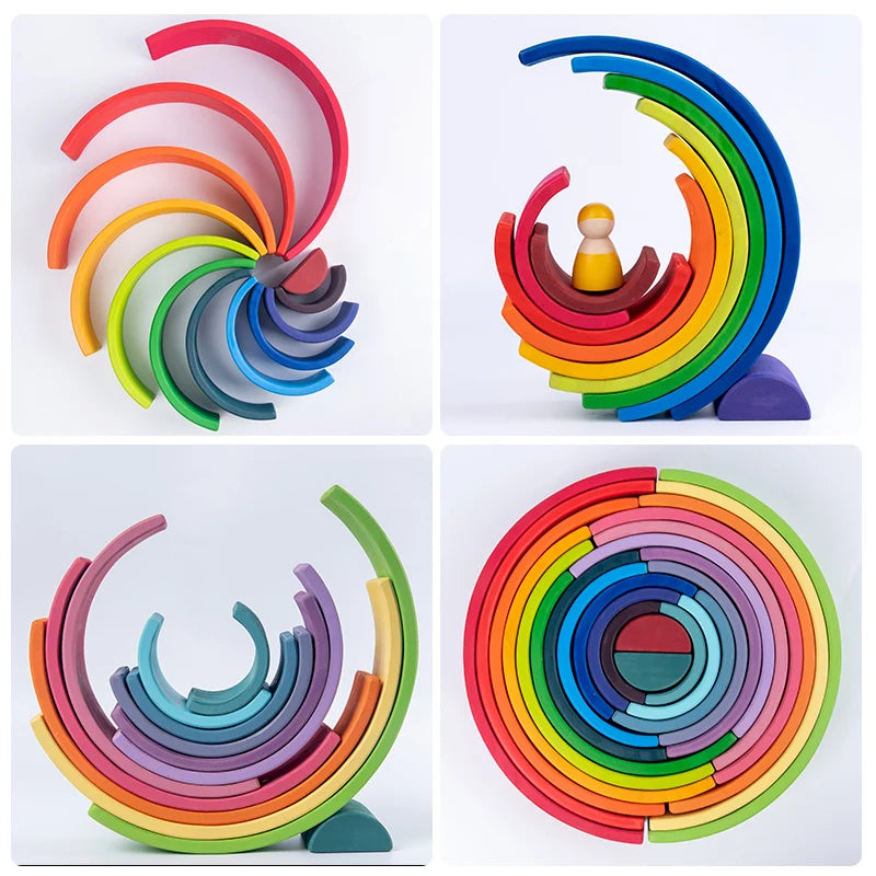 Baby Monterssori Educational toy Wooden Rainbow Block Stacking Building Blocks