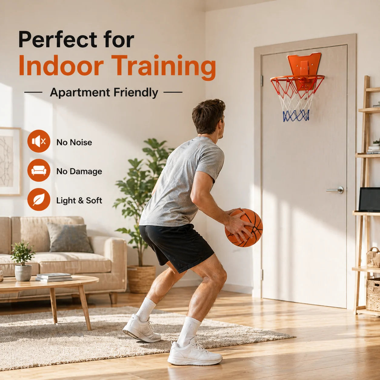 Silent Basketball Hoop Set, Indoor Foam Basketball with Mini Hoop, No Noise Training Ball for Home, Apartment & Kids Practice