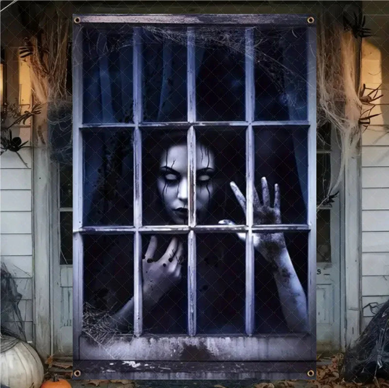 Halloween Horror Window Curtain Banner – Witch, Zombie & Ghost Hanging Decoration