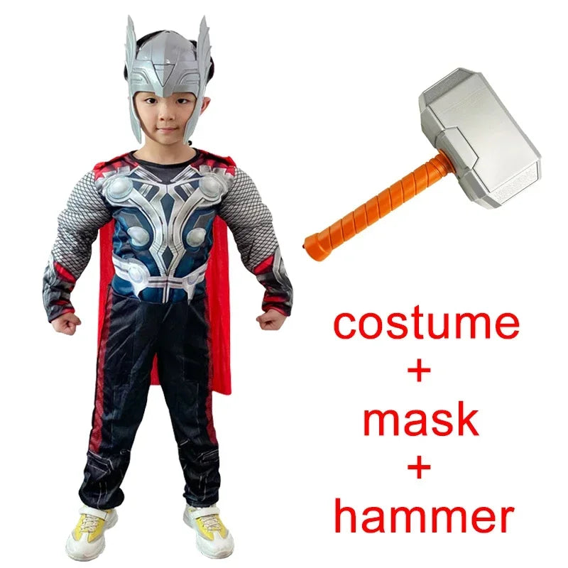 Thor Muscle Hero Cosplay Costume – Full-Body Superhero Jumpsuit with Hammer, Anime-Inspired Halloween & Carnival Costume Set for Kids