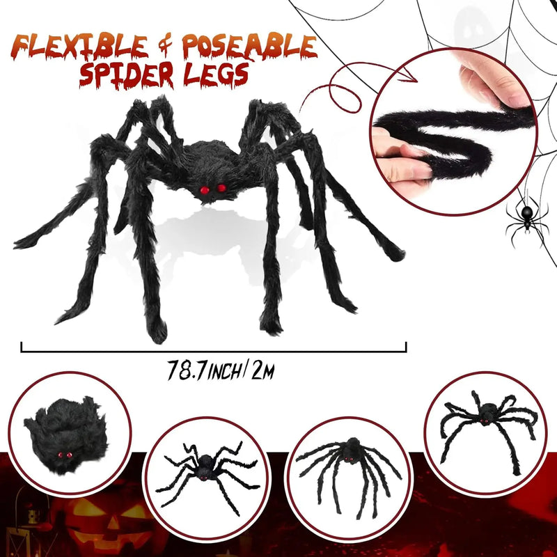 Giant Black Plush Spider Halloween Decoration – 30–200cm Scary Spider Prop for Haunted Houses, Indoor & Outdoor Parties and Horror Decor