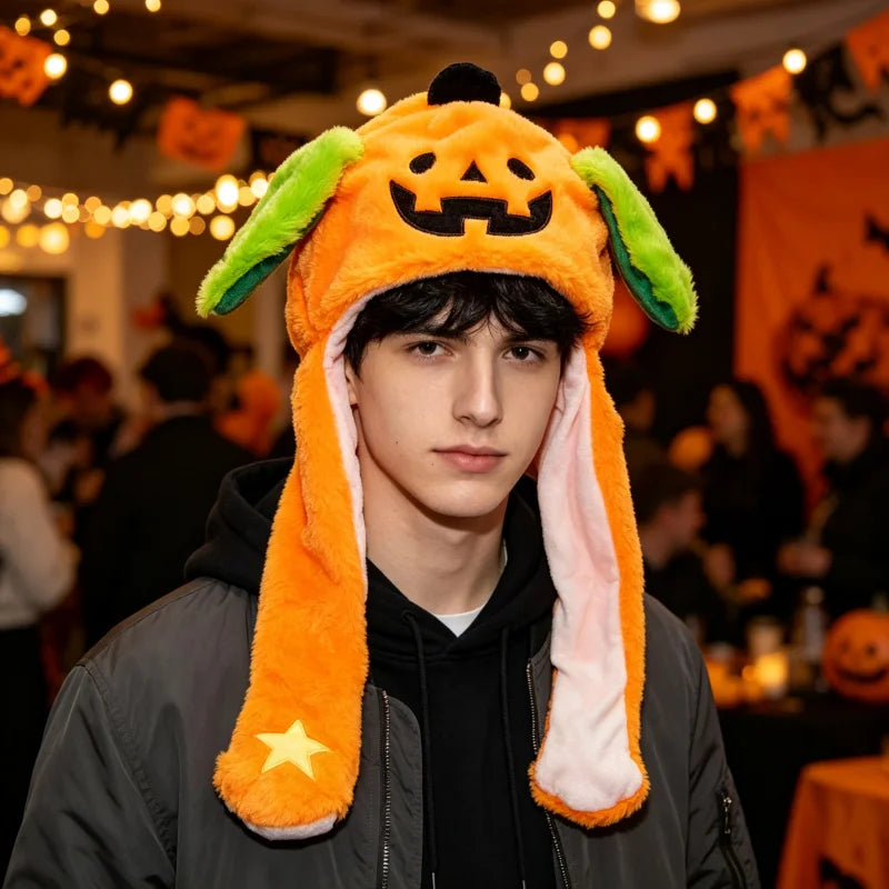 Halloween Moving Ear Plush Hat – Pumpkin, Skeleton & Monster Cartoon Cosplay Hat with Press-to-Jump Ears