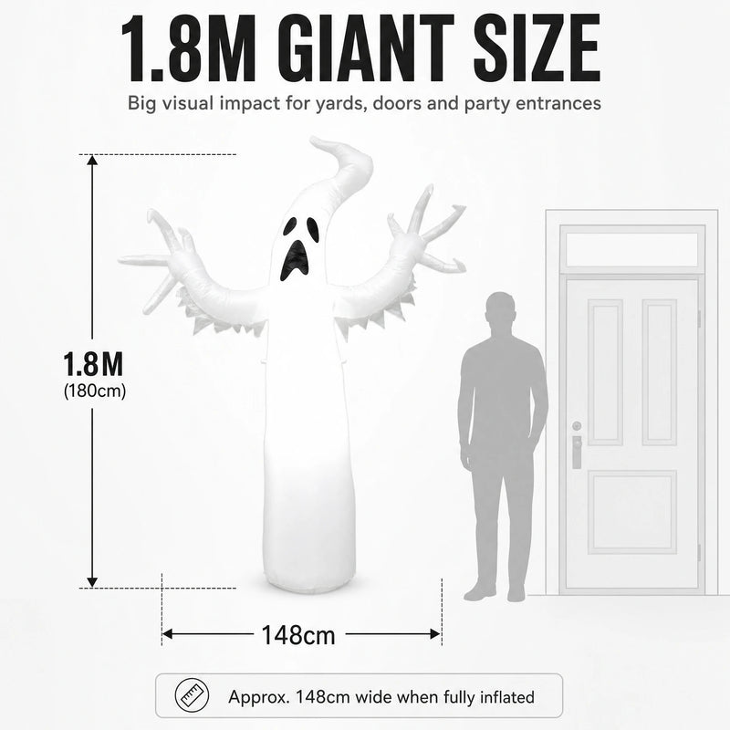 1.8M Giant Inflatable White Ghost with LED Lights – Halloween Horror Decoration, Waterproof PVC Outdoor Yard & Garden Party Prop