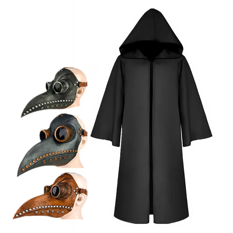 Medieval Plague Doctor Mask & Cloak Costume Set for Adults & Kids, Black Hooded Robe for Halloween Cosplay, Roleplay & Parties