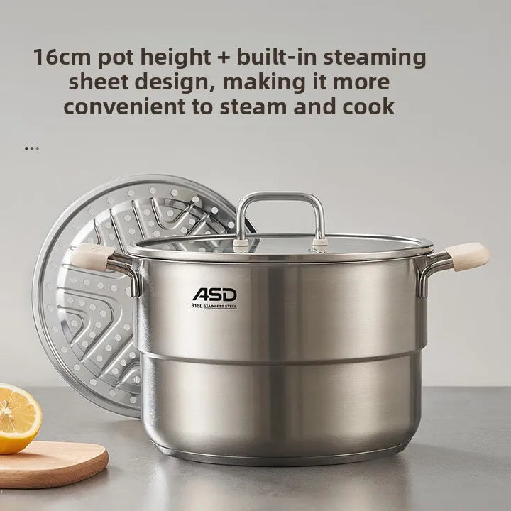 ASD 316L Food Grade Thick Stainless-Steel Steamer Pot 2-Tier Cooking Pot 22cm Induction & Gas Stove Compatible