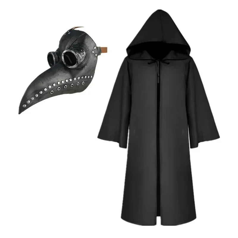 Medieval Plague Doctor Mask & Cloak Costume Set for Adults & Kids, Black Hooded Robe for Halloween Cosplay, Roleplay & Parties