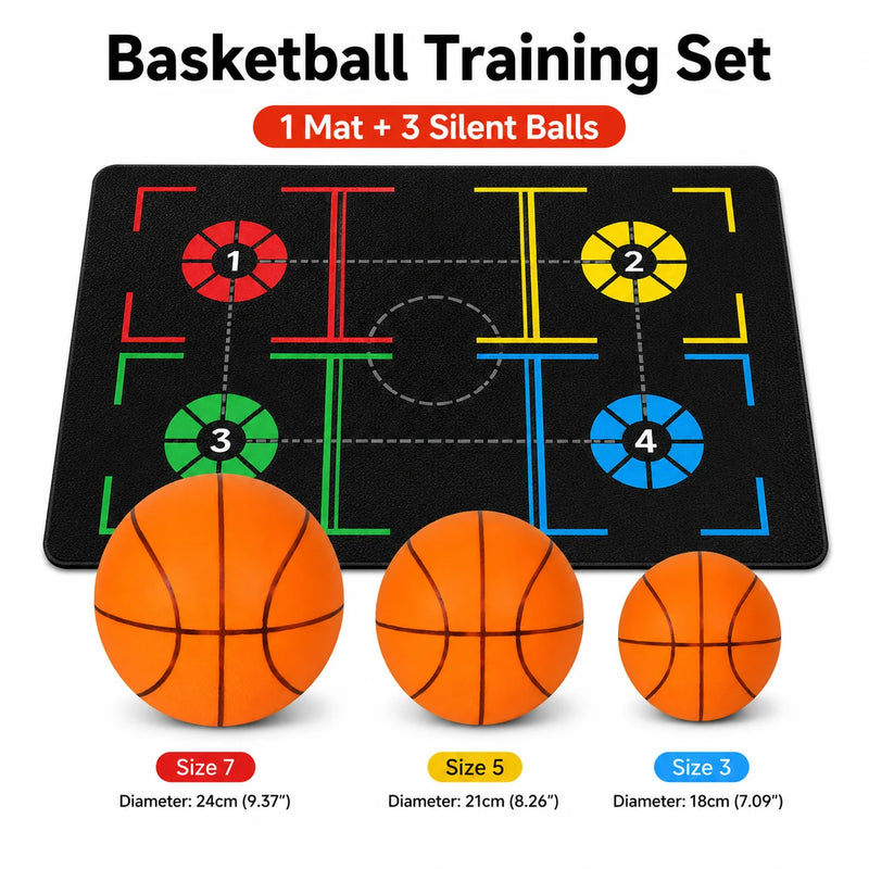 Basketball Training Mat + Silent Balls Set, Sizes 3 5 7, Indoor Practice & Coordination
