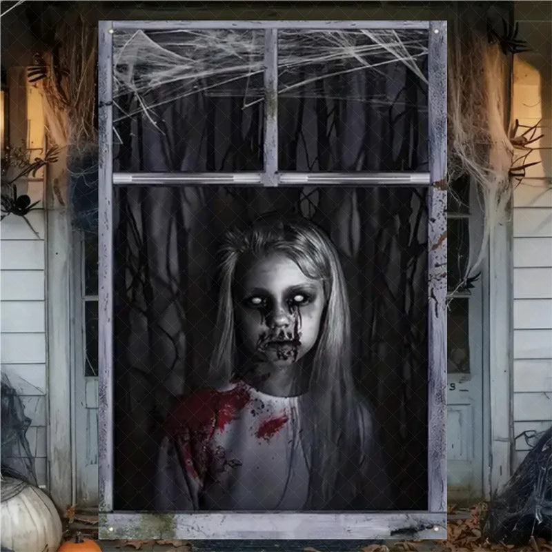 Halloween Horror Window Curtain Banner – Witch, Zombie & Ghost Hanging Decoration