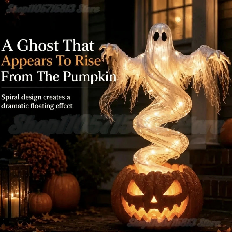 Swirling Ghost Pumpkin LED Yard Lamp – Halloween Outdoor Garden Floor Light & Spooky Pumpkin Decoration