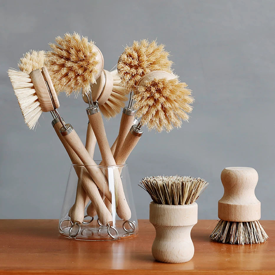 Vilda Bamboo Kitchen Cleaning Brush Natural Dishes Pots Pans Sink Washing Brush Eco-friendly Clean Scrubber with Draining Storage Tray