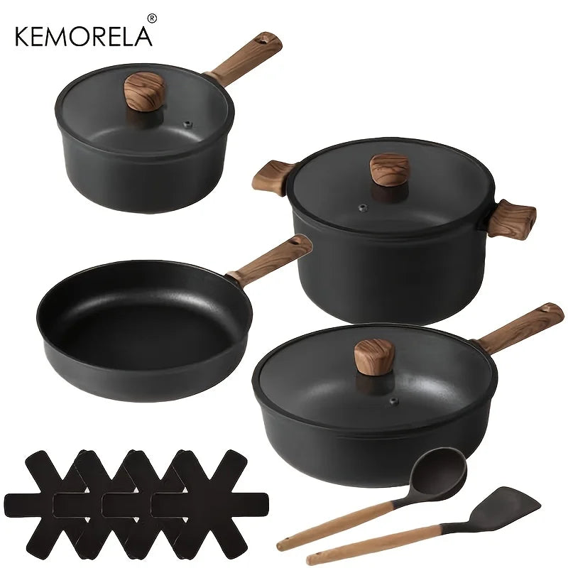 KEMORELA 13PCS Ceramic Cookware Set - Nonstick -Free Pots & Pans with Removable 360° Rotation Handles Stackable Black Set for All Stoves