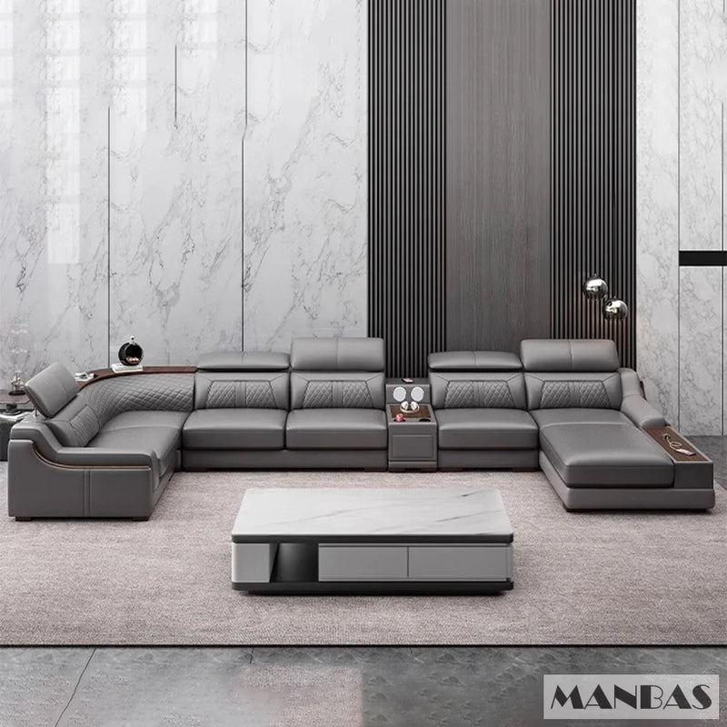 Alfour Modern Italian Leather Sofa for Living Room with Cup Holder, USB, Adjustable Headrests & Bluetooth Speaker - Linlamlim