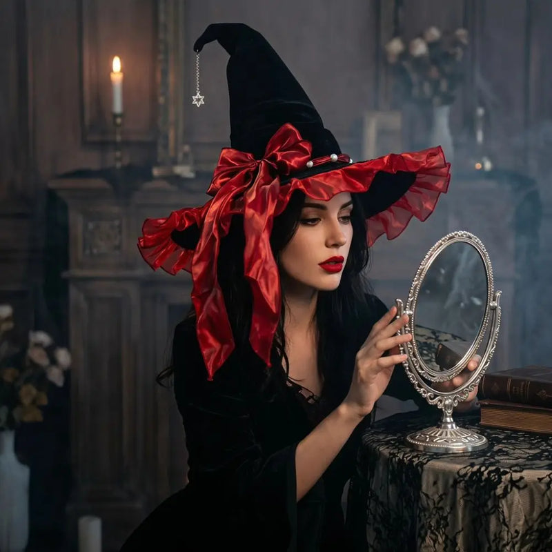 Gothic Lolita Witch Hat – Satin Bow, Lace & Star Pendant Bendable Masquerade Costume Hat for Women, Halloween Party & Cosplay