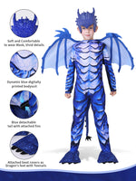 Kids Frost Blue Dragon Knight Costume – Fantasy Jumpsuit with Wings, Tail & Mask, Halloween Carnival Party Cosplay Outfit