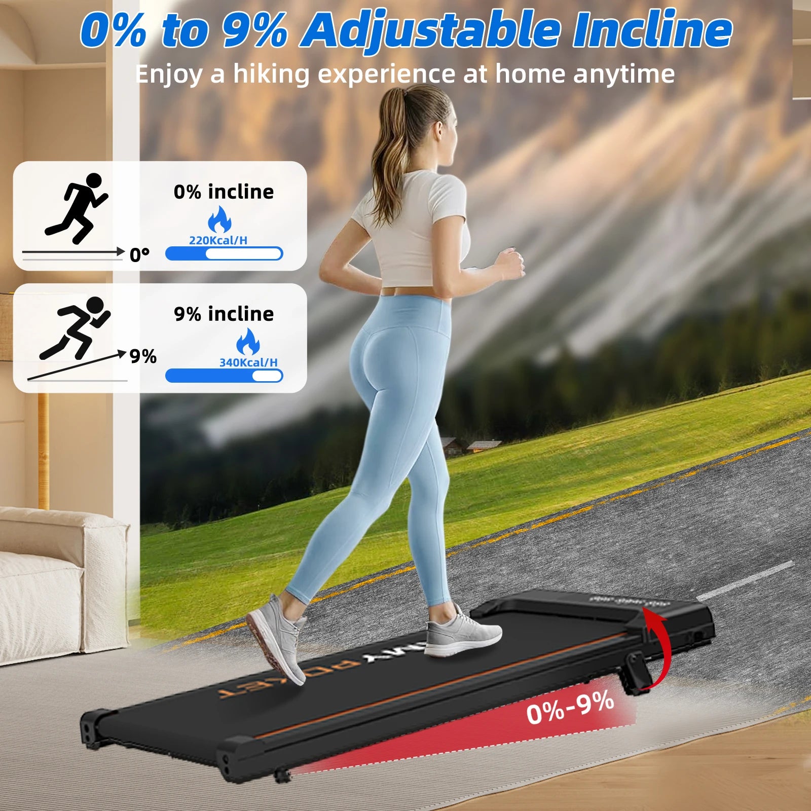 RAMYPOKET Walking Pad Treadmill with 9% Incline APP Control, 3-Window LED 2.5HP Under Desk Treadmill 120KG Capacity 1-8 Km/h Treadmill Running Machine