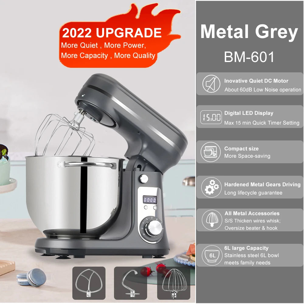 BioloMix Kitchen Food Stand Mixer, Blender, Quiet Motor, Cream Egg Whisk, Whip Dough Kneader, 6-Speed, 1200 W, 6 L