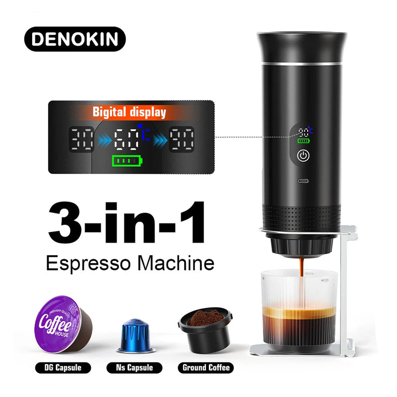 DENOKIN Portable Espresso Coffee Machine With Digital Display 3-in-1 Capsule Coffee Maker for Car & Home Camping Coffee Maker
