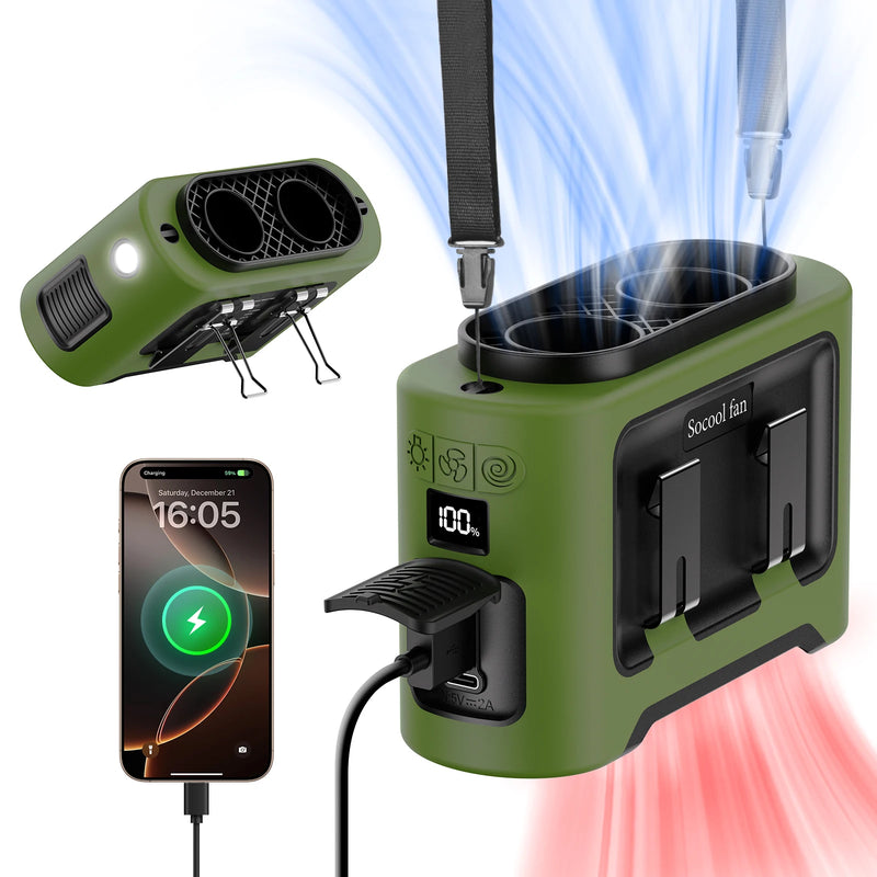 Socool 14500mAh Portable Waist Fan Dual Airflow Outlet Turbo Motors with Four Clips Emergency Flashlight Power Bank