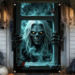 Halloween Horror Window Curtain Banner – Witch, Zombie & Ghost Hanging Decoration