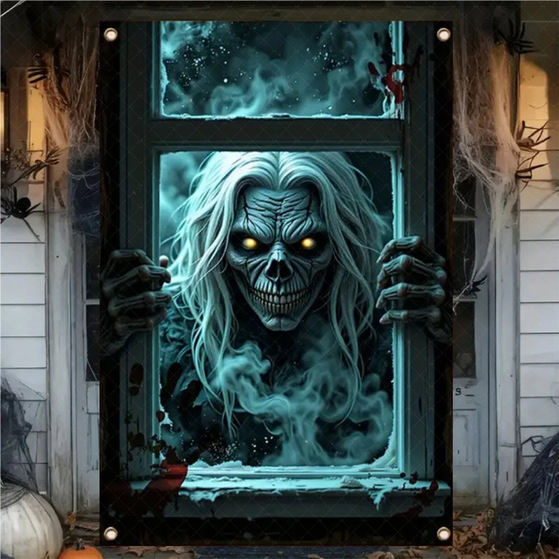 Halloween Horror Window Curtain Banner – Witch, Zombie & Ghost Hanging Decoration