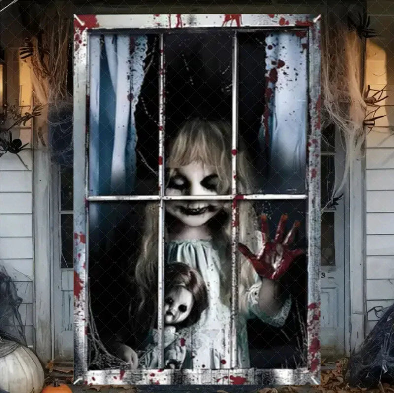 Halloween Horror Window Curtain Banner – Witch, Zombie & Ghost Hanging Decoration