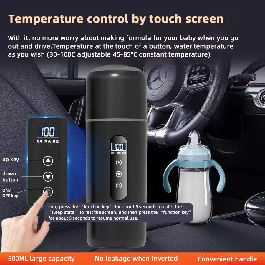 Electric Kettle 12V24V Portable Heating Cup 500ml Travel Heating Touch Screen Intelligent Adjustable Temperature Thermal Cup