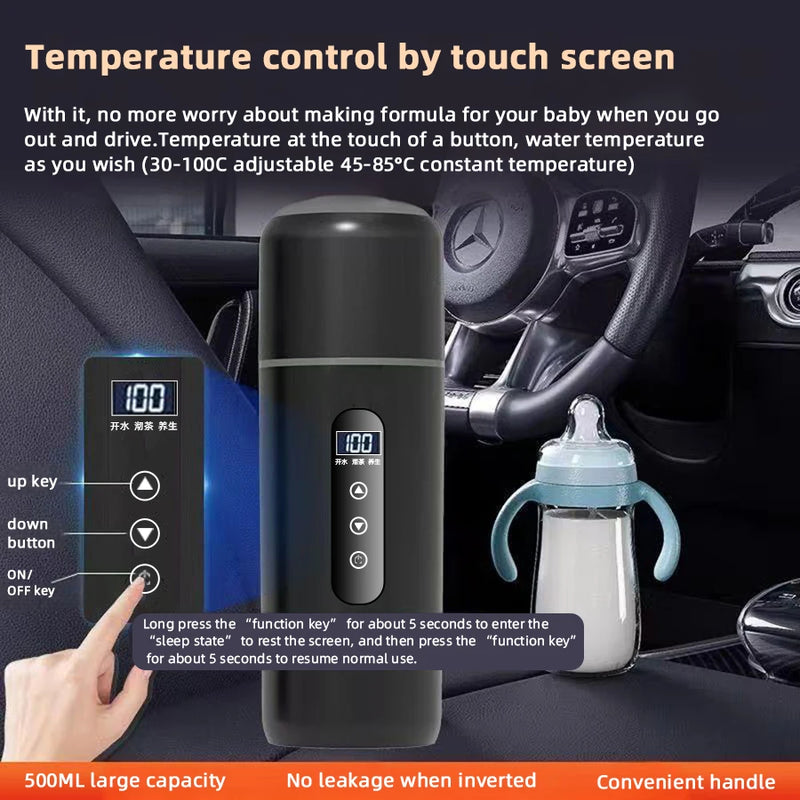 Electric Kettle 12V24V Portable Heating Cup 500ml Travel Heating Touch Screen Intelligent Adjustable Temperature Thermal Cup