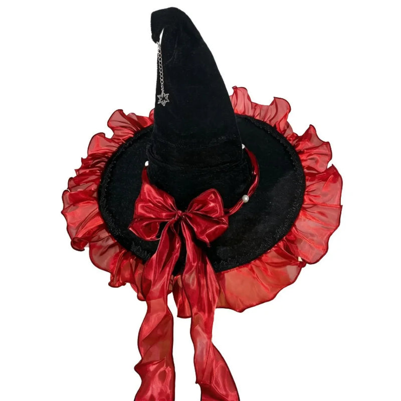 Gothic Lolita Witch Hat – Satin Bow, Lace & Star Pendant Bendable Masquerade Costume Hat for Women, Halloween Party & Cosplay