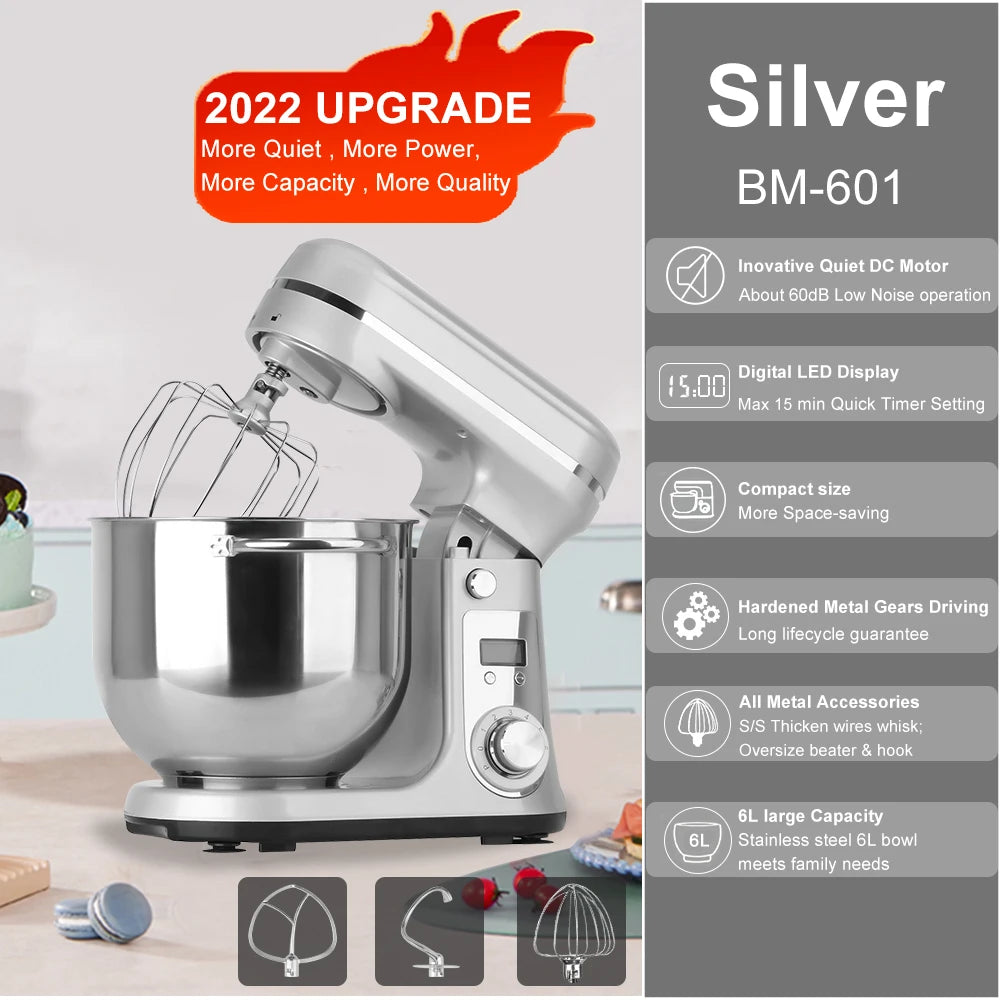 BioloMix Kitchen Food Stand Mixer, Blender, Quiet Motor, Cream Egg Whisk, Whip Dough Kneader, 6-Speed, 1200 W, 6 L