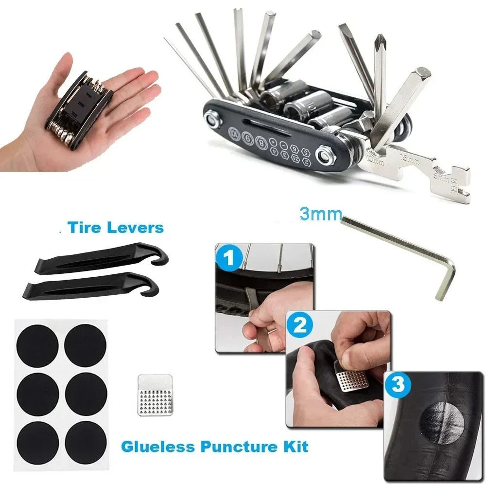 east Essentials Bicycle Repair Tools Kit, Bike Accessories, Multi Tool Set with Pump Tire Patch, Portable Mountain Road BikeTire Auto Tool Set
