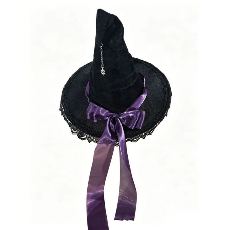 Gothic Lolita Witch Hat – Satin Bow, Lace & Star Pendant Bendable Masquerade Costume Hat for Women, Halloween Party & Cosplay