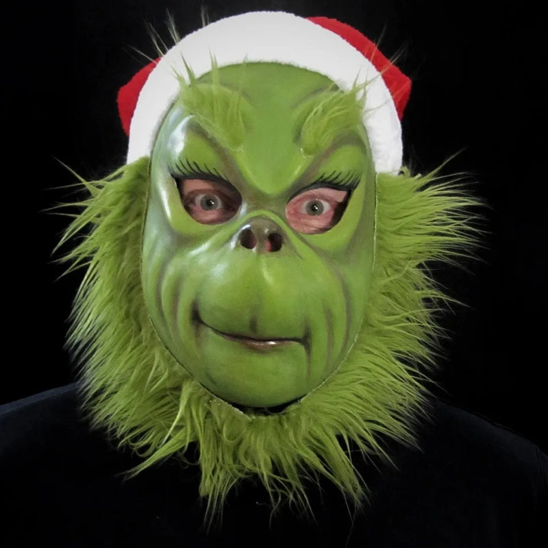 The Grinch Mask – Christmas Green-Haired Monster Costume with Gloves & Santa Hat, Festive Cosplay & Holiday Party Prop