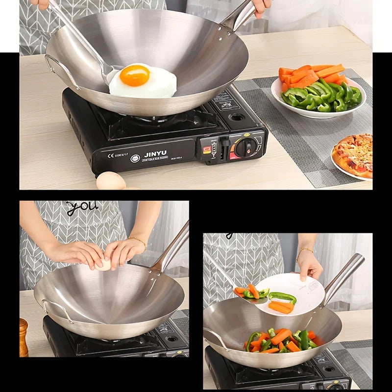 MasterBro 1pc Large Stainless-Steel Wok, Uncoated Thick High-Quality Durable Chef's Pan with Dual Handles, Easy to Clean