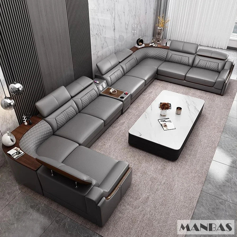 Alfour Modern Italian Leather Sofa for Living Room with Cup Holder, USB, Adjustable Headrests & Bluetooth Speaker - Linlamlim