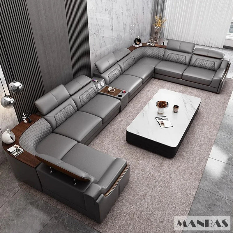 Alfour Modern Italian Leather Sofa for Living Room with Cup Holder, USB, Adjustable Headrests & Bluetooth Speaker - Linlamlim