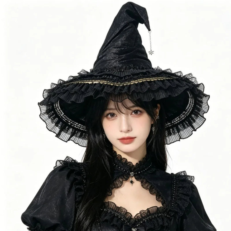 Gothic Lolita Witch Hat – Satin Bow, Lace & Star Pendant Bendable Masquerade Costume Hat for Women, Halloween Party & Cosplay