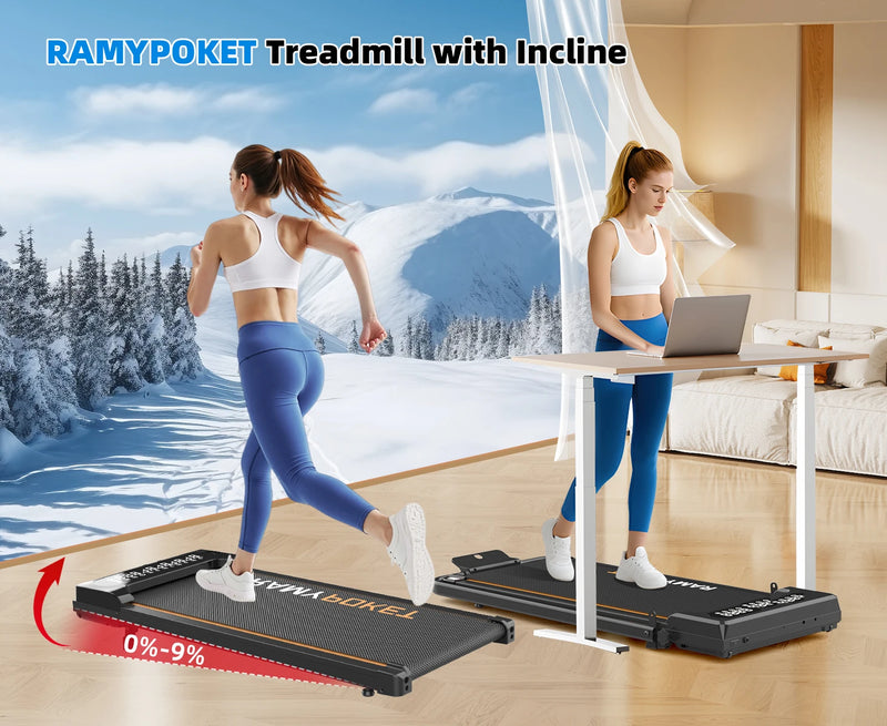 RAMYPOKET Walking Pad Treadmill with 9% Incline APP Control, 3-Window LED 2.5HP Under Desk Treadmill 120KG Capacity 1-8 Km/h Treadmill Running Machine
