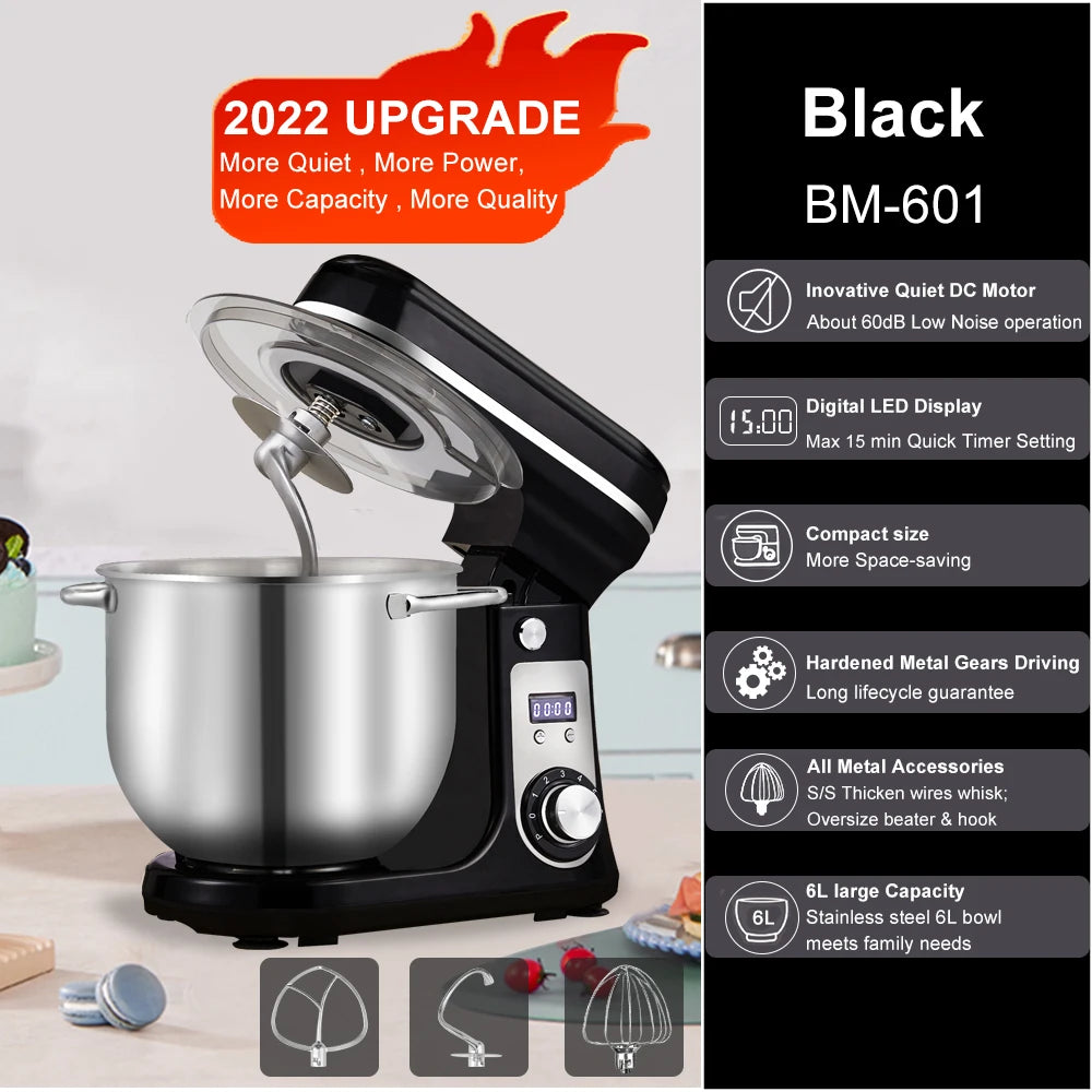 BioloMix Kitchen Food Stand Mixer, Blender, Quiet Motor, Cream Egg Whisk, Whip Dough Kneader, 6-Speed, 1200 W, 6 L