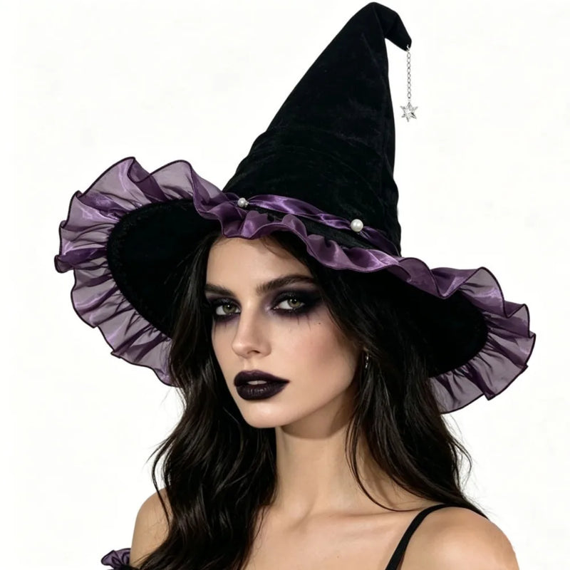 Gothic Lolita Witch Hat – Satin Bow, Lace & Star Pendant Bendable Masquerade Costume Hat for Women, Halloween Party & Cosplay