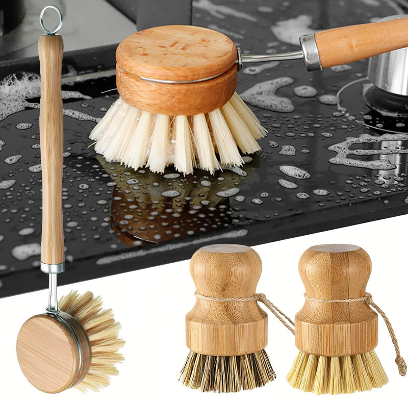 Vilda Bamboo Kitchen Cleaning Brush Natural Dishes Pots Pans Sink Washing Brush Eco-friendly Clean Scrubber with Draining Storage Tray
