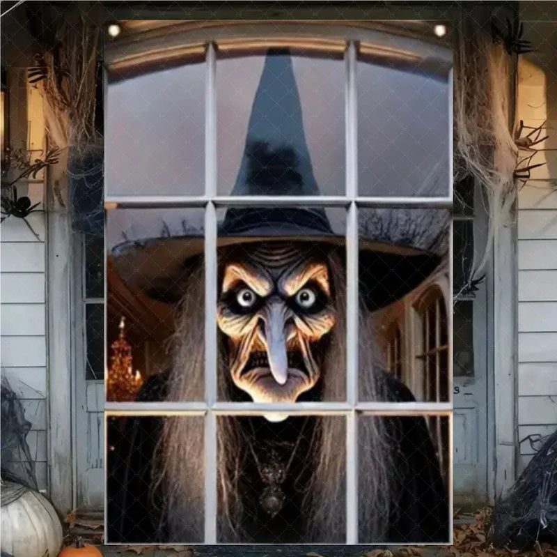 Halloween Horror Window Curtain Banner – Witch, Zombie & Ghost Hanging Decoration