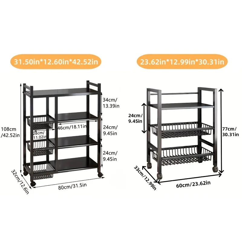 JIUAN 1pc Mobile Storage Rack, Adjustable 4-Tier Kitchen Shelf with 3 Wire Baskets, Kitchen Organizer and Storage