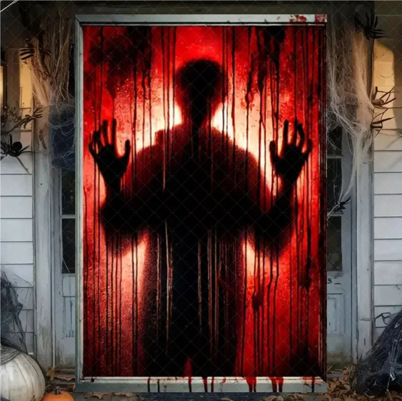 Halloween Horror Window Curtain Banner – Witch, Zombie & Ghost Hanging Decoration