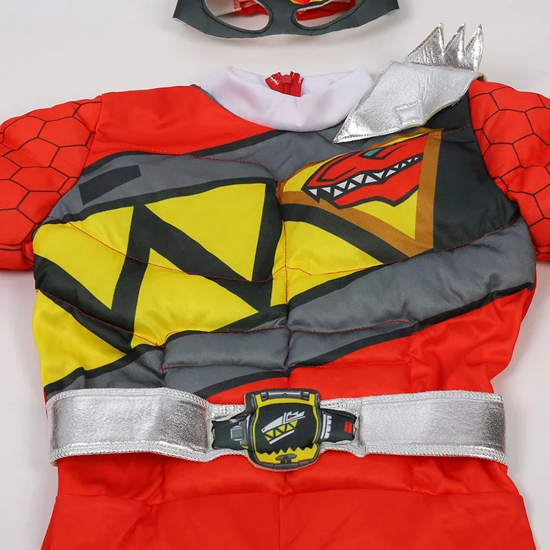 Red Dino Ranger Kids Costume – Dinosaur-Themed Muscle Jumpsuit, Superhero Cosplay Outfit for Halloween, Carnival & Dress-Up Parties