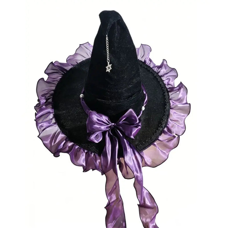 Gothic Lolita Witch Hat – Satin Bow, Lace & Star Pendant Bendable Masquerade Costume Hat for Women, Halloween Party & Cosplay