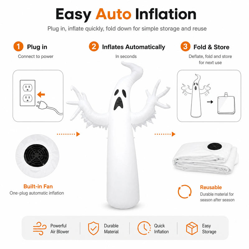1.8M Giant Inflatable White Ghost with LED Lights – Halloween Horror Decoration, Waterproof PVC Outdoor Yard & Garden Party Prop