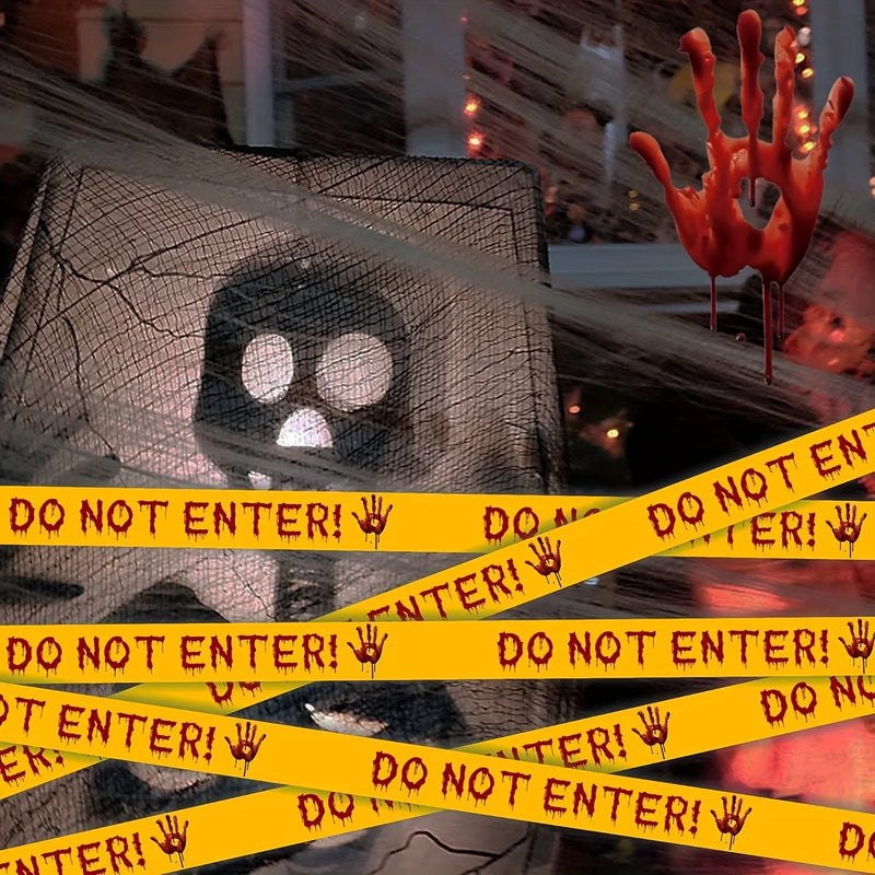 1pc 25m Halloween Do Not Enter Warning Tape – Bloody Handprint Drip Design Yellow Barrier Tape for Haunted House & Party Decor