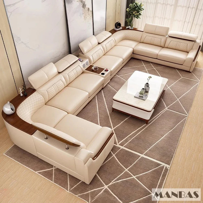 Alfour Modern Italian Leather Sofa for Living Room with Cup Holder, USB, Adjustable Headrests & Bluetooth Speaker - Linlamlim
